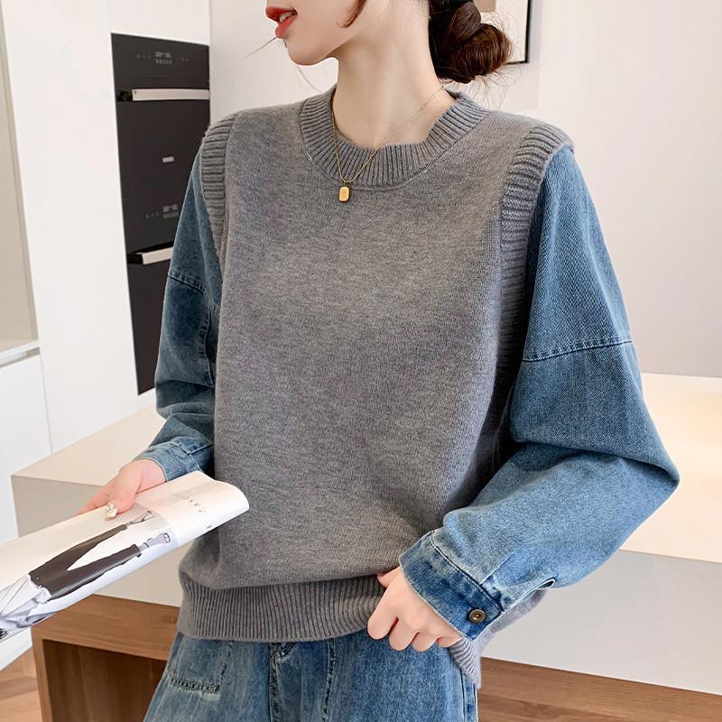 New Round Neck Denim Sleeve Patchwork Knit Sweater - Casual, Loose Fit, Lazy Style for Autumn/Winter