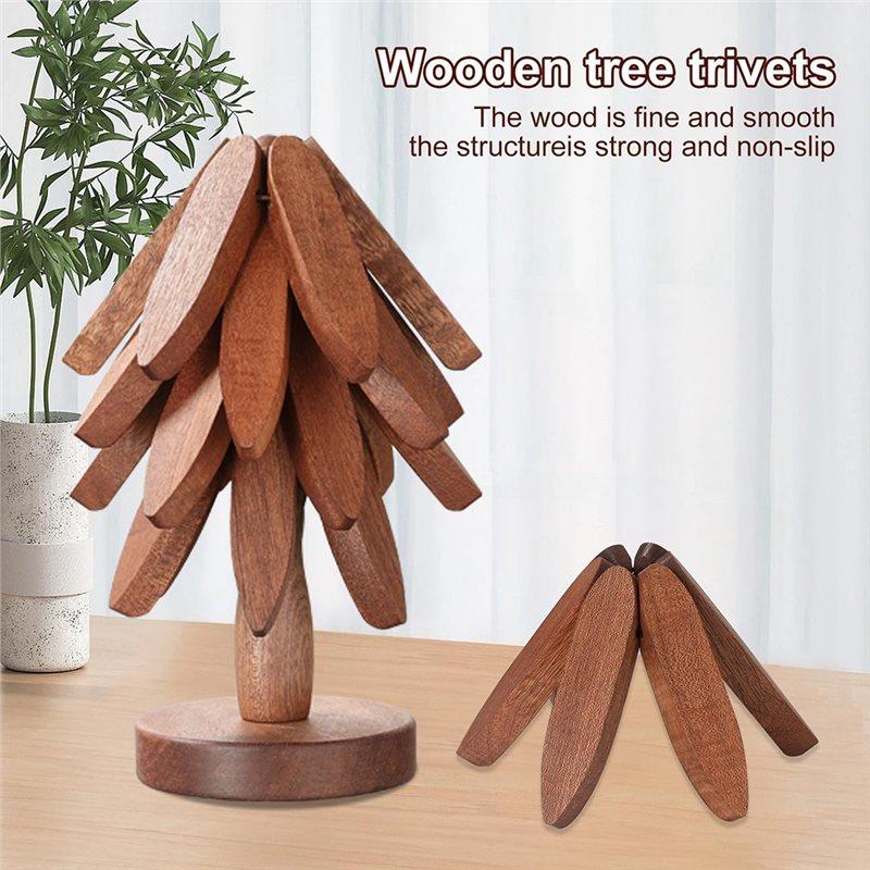 ABMH-Wood Christmas Tree Trivet Set - Includes 5 Foldable Coasters & 1 Stand, Perfect For Hot Dishes And Table Protection