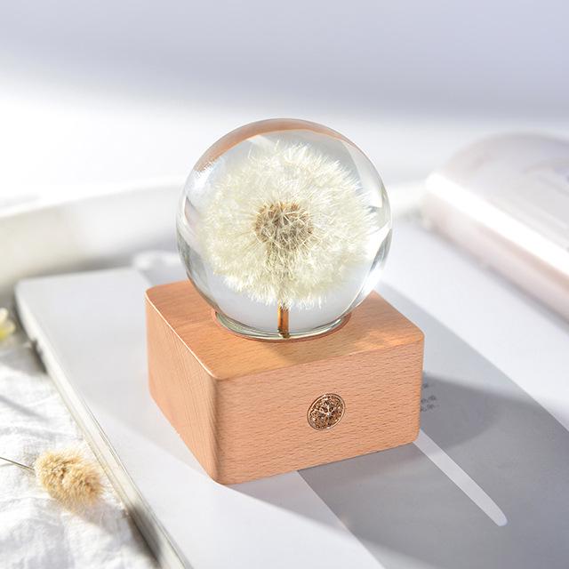 Dandelion Preserved Flower Night Light - Wooden Crystal Ball for Christmas & Birthday Gifts