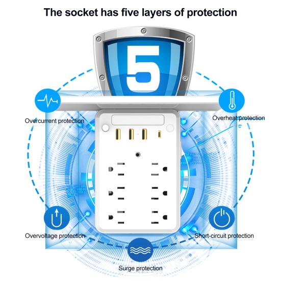 Nástěnný prodlužovací kabel s poličkou Univerzální prostorově úsporný nabíjecí rozbočovač Přepěťová ochrana Prodlužovací kabel s USB porty Nástěnná zásuvka