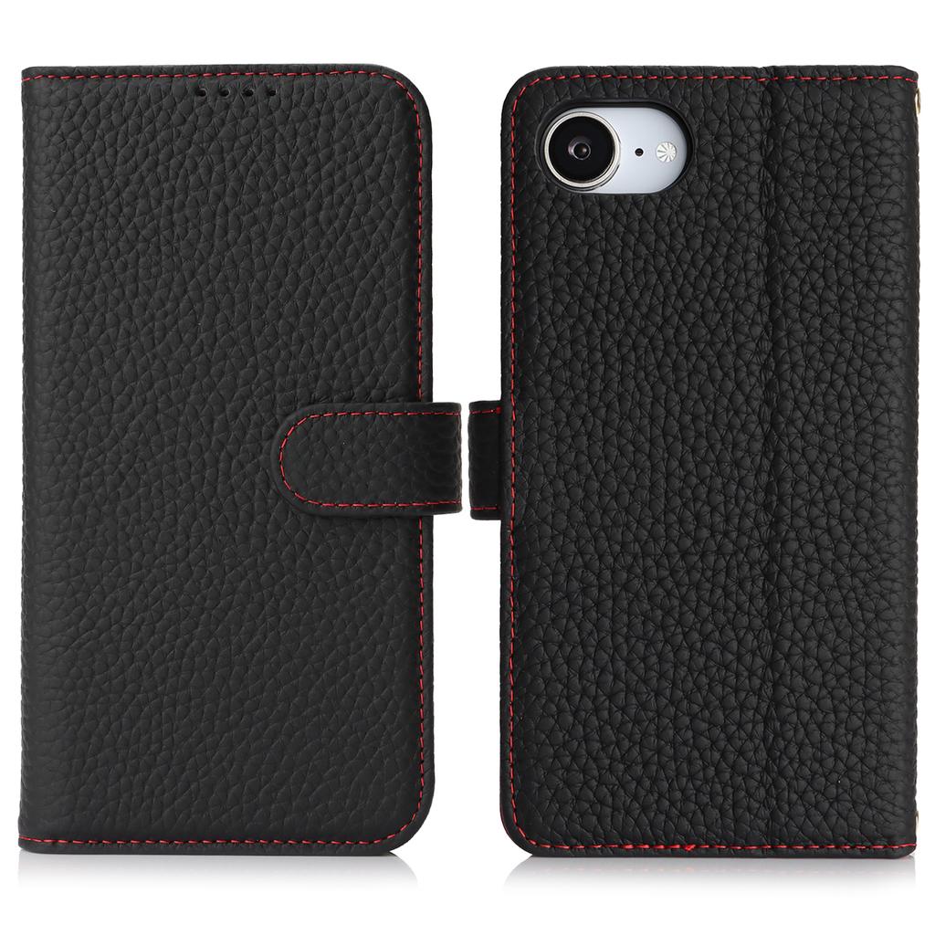 For iPhone 16e Stand Case Litchi Texture Genuine Cow Leather Wallet Phone Cover RFID Blocking
