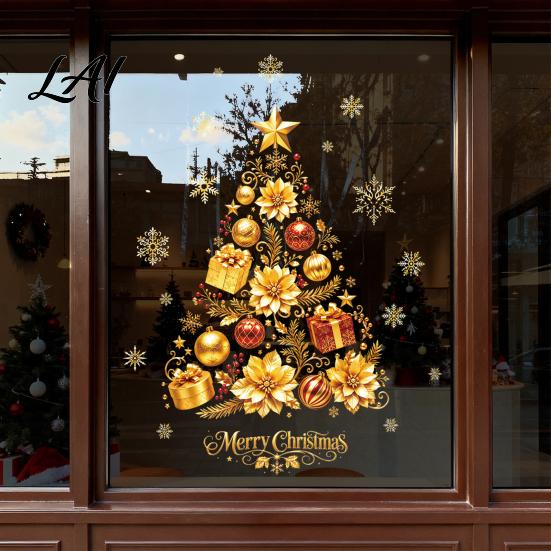 Christmas Window Clings 2 Sheets Gold Clings Static Stick Tree Snowflake Holiday Shop Displays Bauble Glass Decals No-Glue Removable Winter