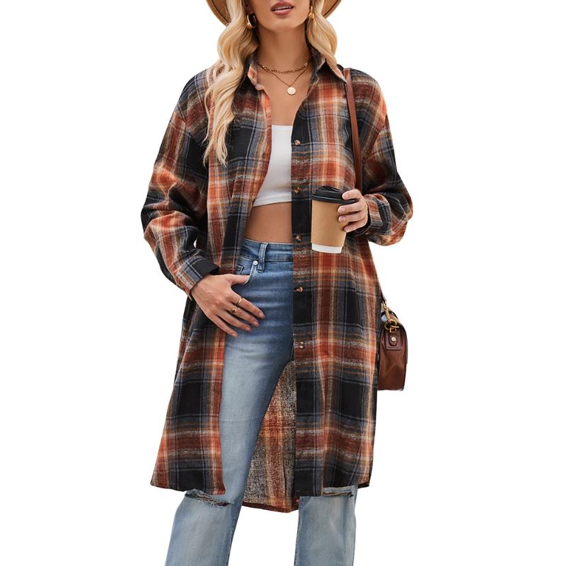 Women's Autumn and Winter New Casual Casual Loose Long Windbreaker Plaid Shirt