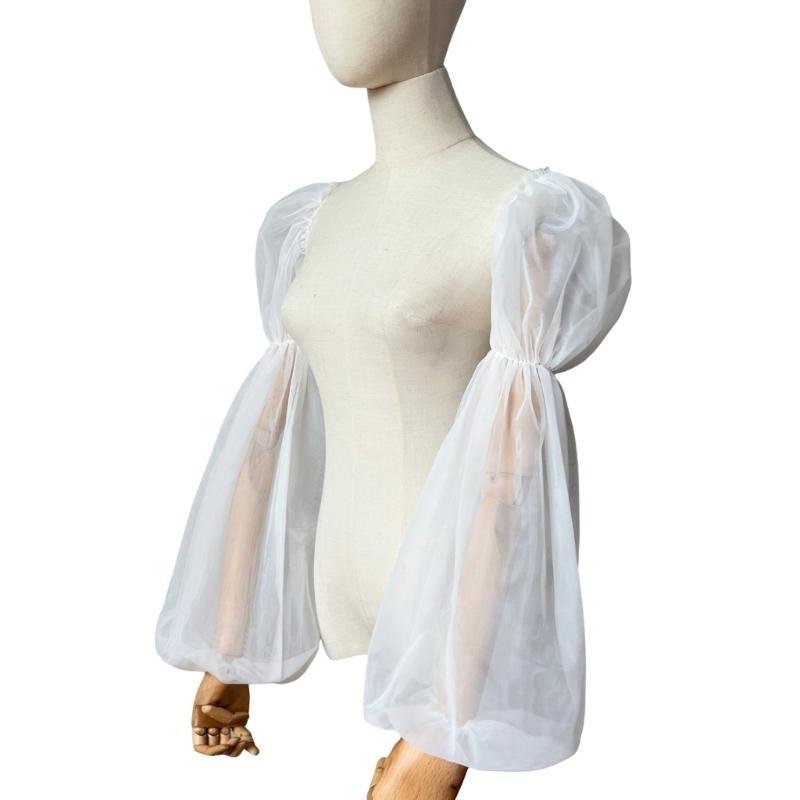 Elegant Tulle Bishop Sleeve False Sleeves Sheer Stage Costume Accessory White Ruffled Long Sleeve for Wedding