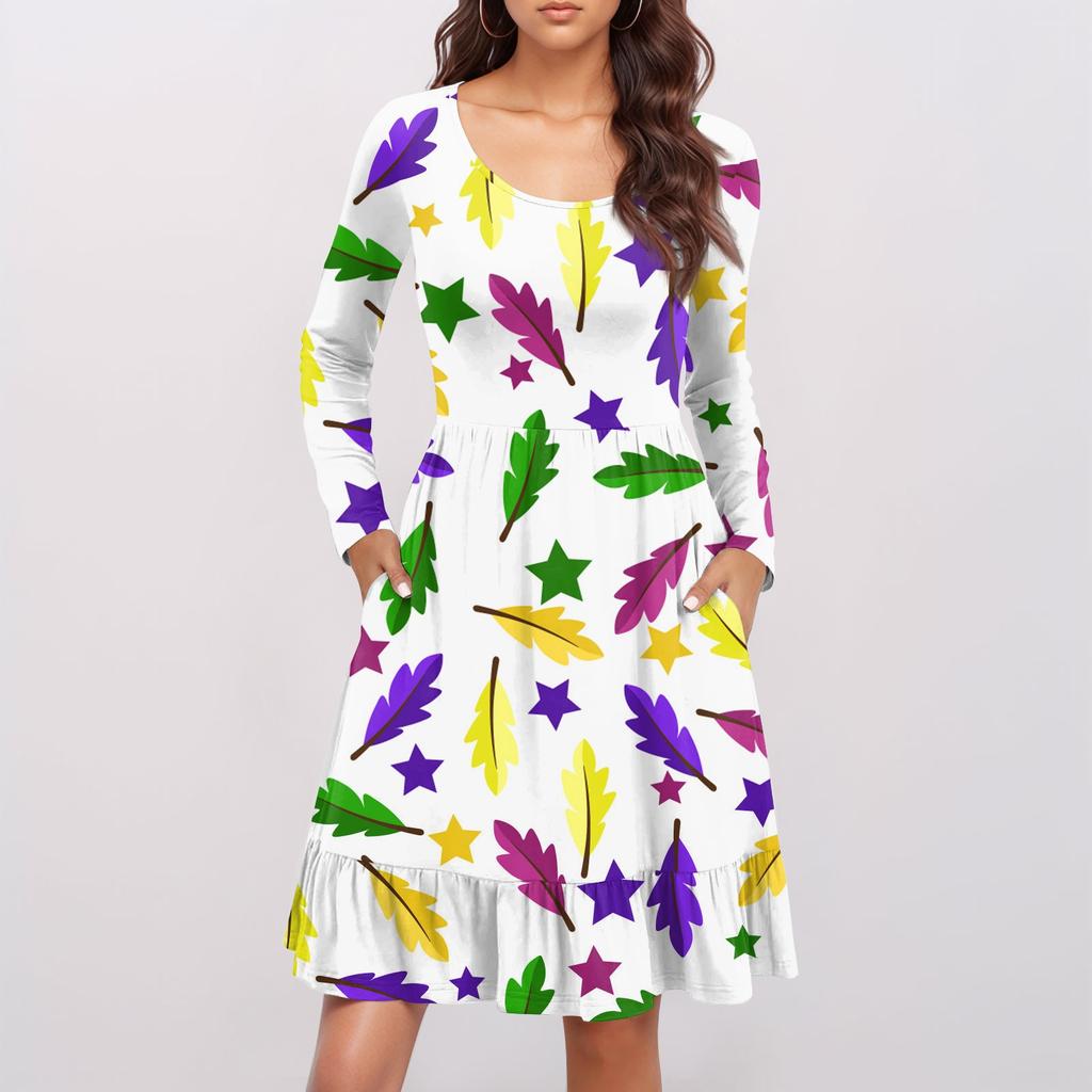 Damen Freizeitkleid mit Rundhalsausschnitt und langen Ärmeln, Karnevalsprint, lockere Taille, plissiertes Kleid