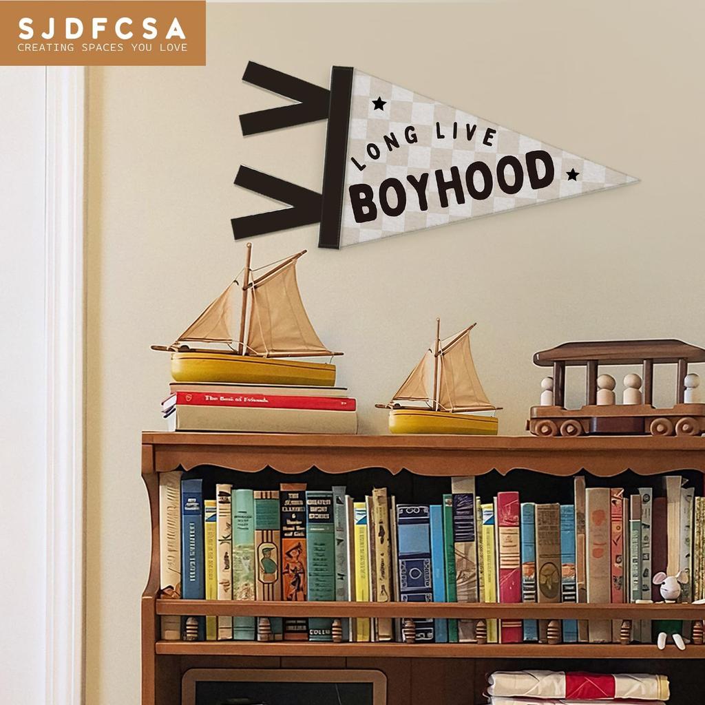 Boys Room Decor, Long Live Boyhood Wall Hanging Pennant Flag Banner, Preppy Neutral Beige Checkered Wall Decorations for Kids Boys Toddler Nursery