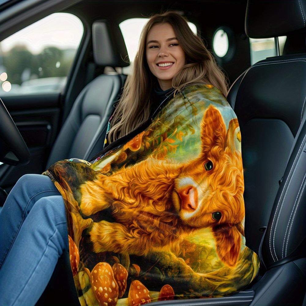 Cute Highland Cow Mushroom Forest Fleece Blanket Soft Flannel Throw Animal Art Print Gift for Kids Nature Lovers Home Decor