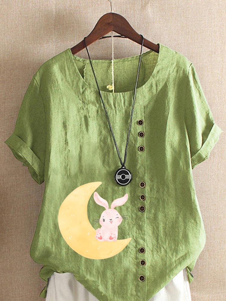

Women s Fashion Moon Rabbit Print Round Neck Short Sleeve T-shirt Casual Cotton Linen Graphic Shirt Leisure Loose Summer Blouse Tops 5XL зелений