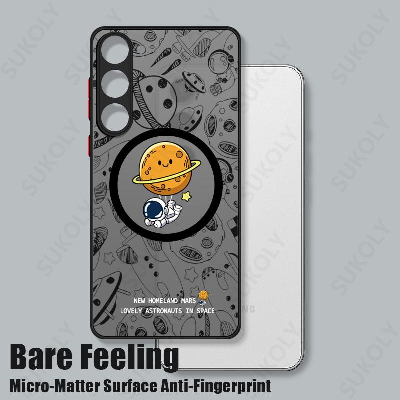 Kreskówkowy Astronauta Etui na Telefon Magsafe Dla Samsunga Galaxy S25 Edge S23 S22 S24 Ultra S24 S23 FE Matowe Akrylowe Pokrowiec z Żelaznym Pierścieniem