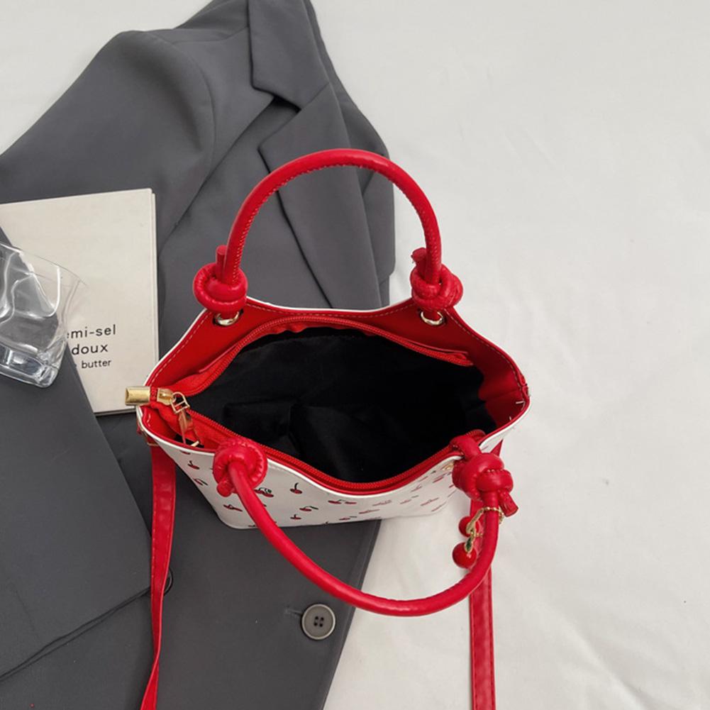 Leather Bucket Cherry Printed Crossbody Bag for Women Girls Stylish Small Tote Handbag Zipper Satchel Bag with Adjustable Strap