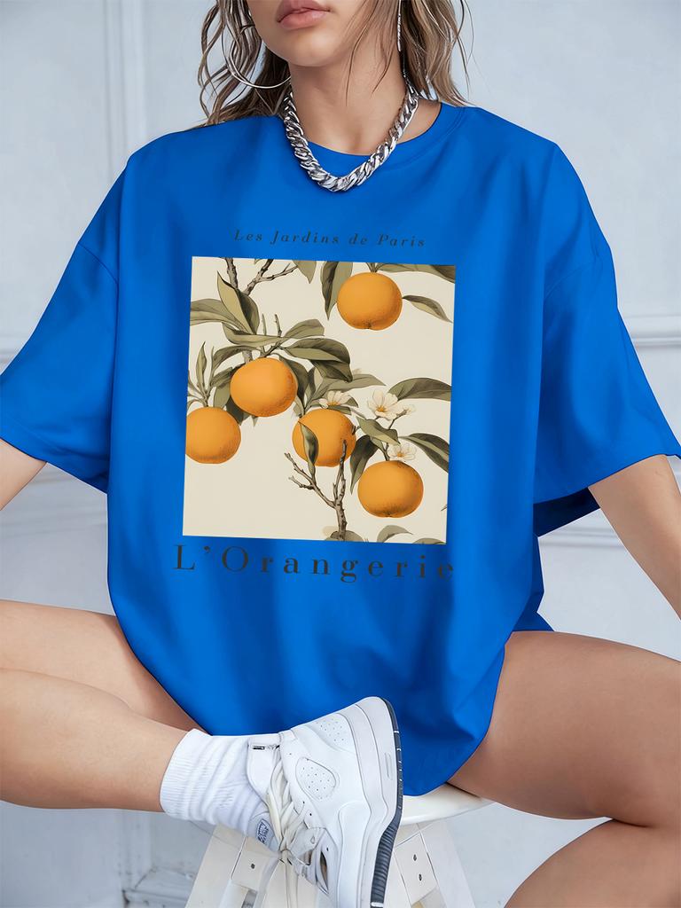 Fresh Oranges Fruits Print Short Sleeve TShirts Womens Summer Cotton Tee Shirts Loose ONeck Soft Tops Casual Womans Clothes