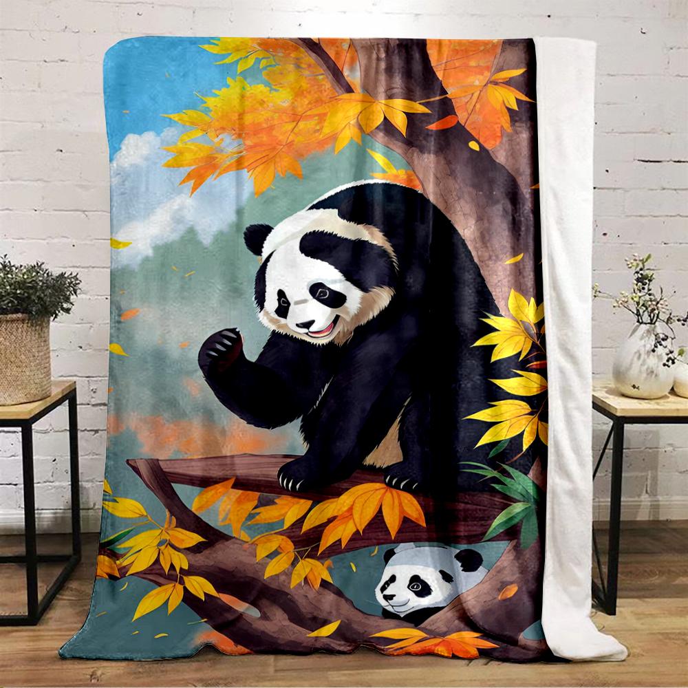 Cute Pandas On Autumn Tree Illustration Flannel Blanket for Bedroom, Living Room, Sofa, and Nap Sofas.
