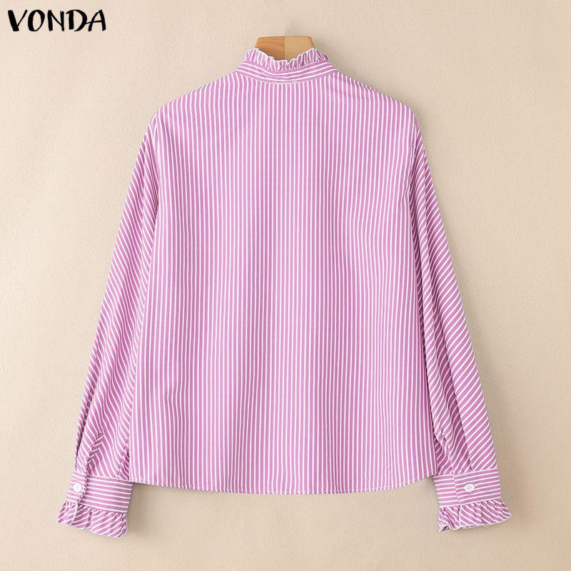 VONDA Womens Casual Stand Neck Ruffled Hem Striped Print Loose Long Sleeve Blouse