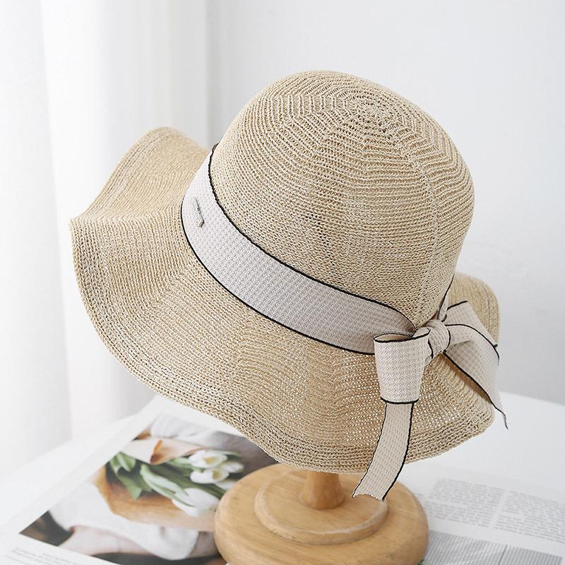 Women's Fisherman Hat With Bow Ribbon Metal Label Breathable Sun Protection Wide Brim Sun Hat For Outdoor Travel Korean Style
