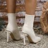 Fashion Women's Sexy Stiletto Heel Sock Boots Solid Color Square Toe Stretch Slip On Booties Woman Super High Heels Knitting Ankle Boots