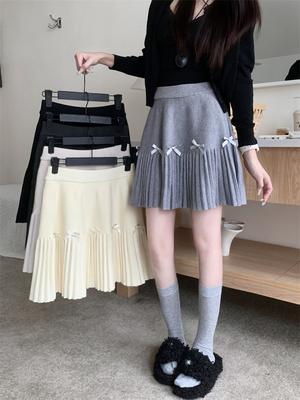 Winter Korean Preppy Style Retro Knitted Skirt Women Fashion Solid Elegant Bow Pleated Skirts New Chic High Waist Clothing New