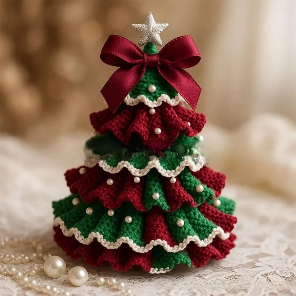 Kit Arbre de Noël au Crochet Fait Main Festival avec Nœud Perle Artificielle Fête de Noël Décoration au Crochet