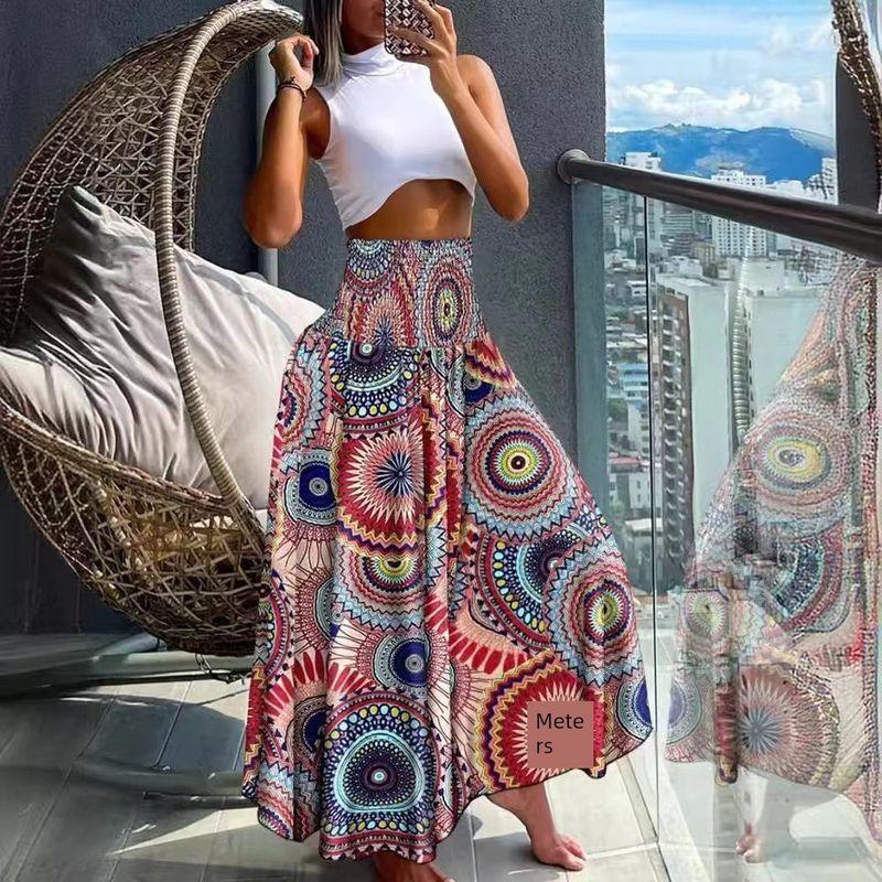 Bohemia Style Plus Size Women's Elastic High Waist Fashion Leaves Geometric Pattern Fashion Skirt Beach Dress