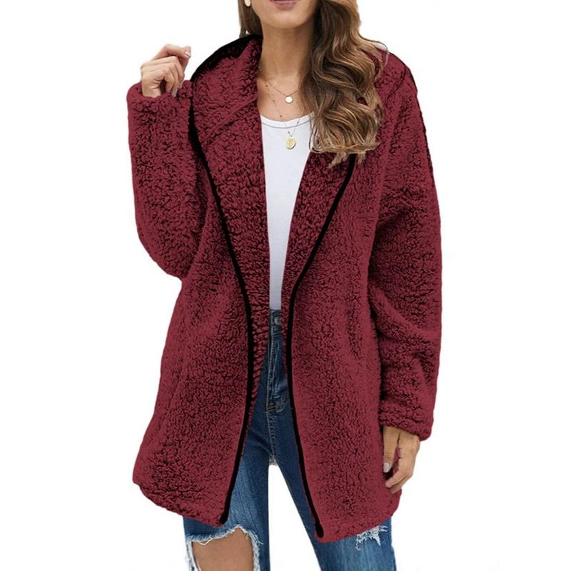 Women Autumn Winter Hooded Plush Jacket Long Sleeve Coat