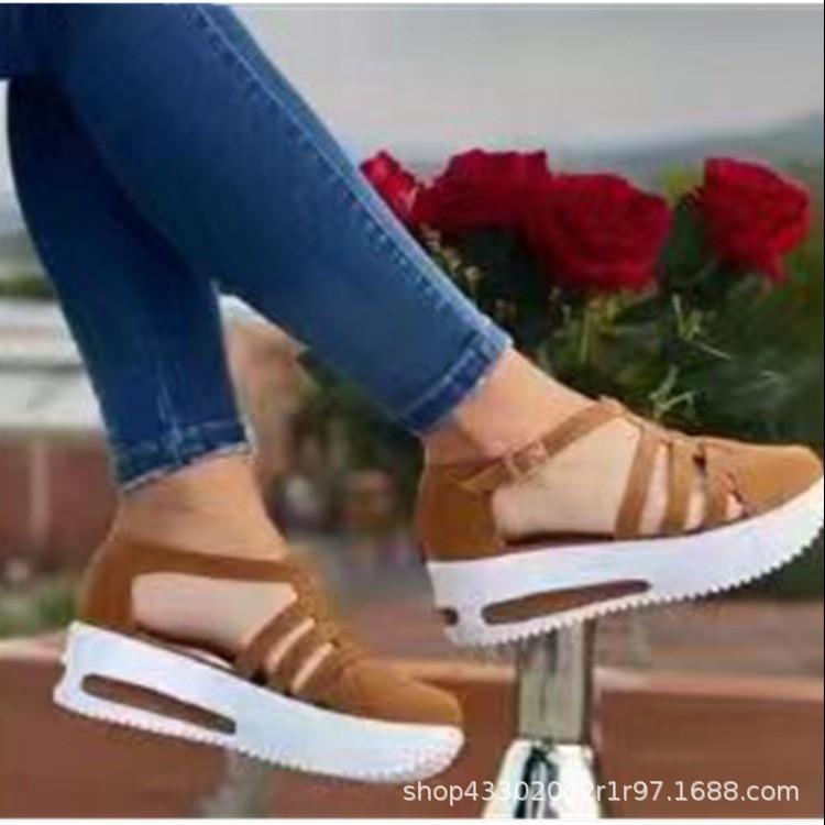 New European and American casual slope heel round head hollow single shoes