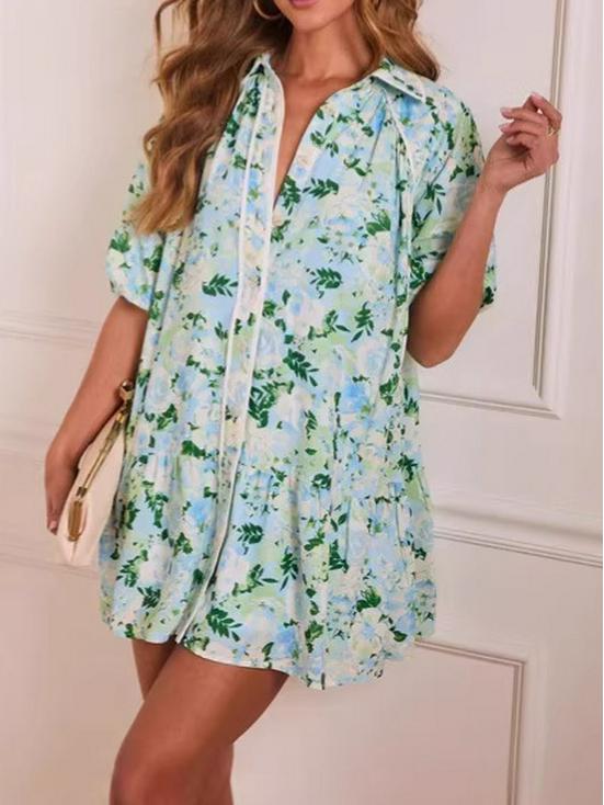 2026 European & American Floral Print V-Neck Short Sleeve Casual Shirt Dress for Women