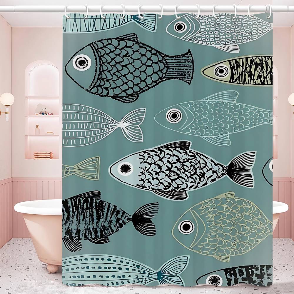 Colorful Sardine Lobster Fish Ocean Bathroom Curtain Classic Anime Fabric Shower Curtain With 12 Hooks Waterproof Bathroom Decor