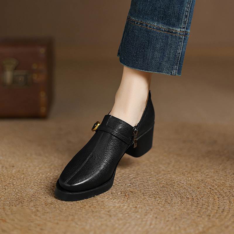 Krazing Pot Cow Skin Autumn Winter Shoes Chunky Heels Size 43 Size 42 Round Toe Zipper Deep Mouth Retro Fashion Pumps