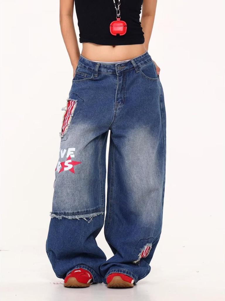 Unisex Retro Patchwork Ripped Wide-Leg Jeans