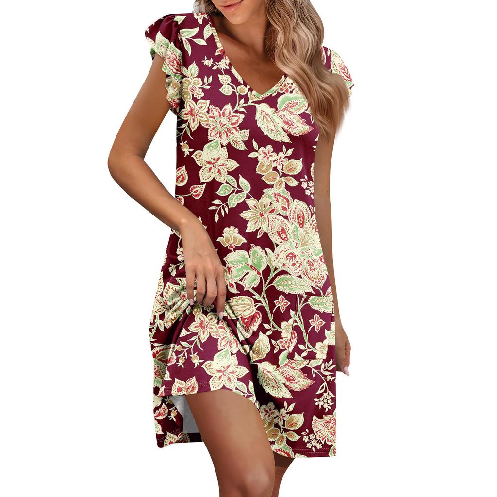Womens Summer Dress Ruffle Sleeve V Neck Short Dresses Fashion Casual Flowy A Line Swing Sundress With Pocket