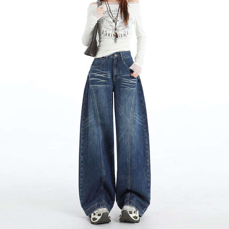Women s Retro High-Waisted Dark Blue Wide-Leg Jeans 4XL