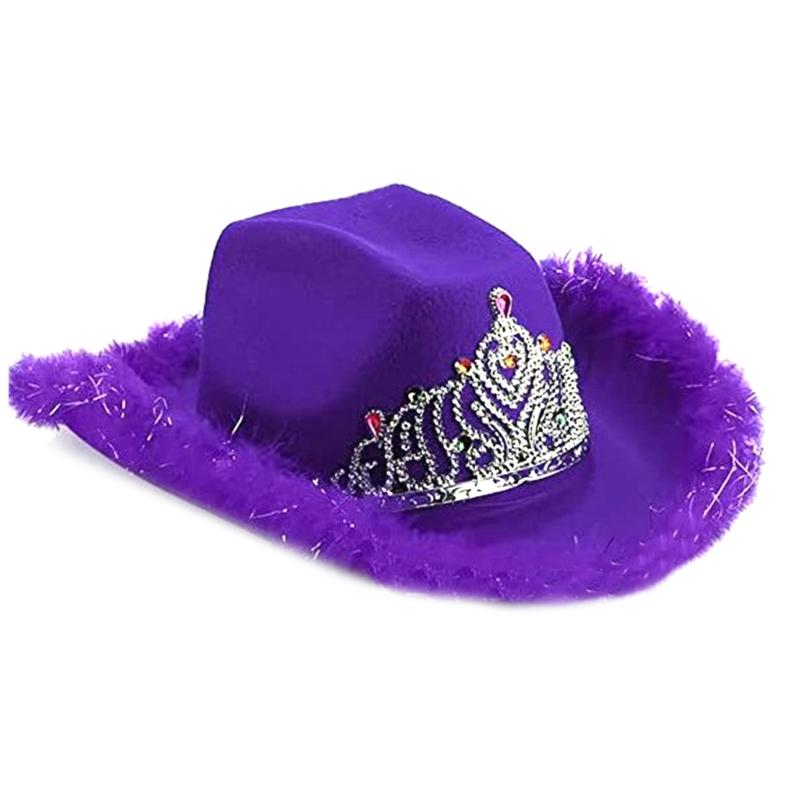 Feather Tinsel Brim Cowboy Hat for Women Western Cowboy Hat Church Hat Model Show Cowboy Hat Rhinestones Crown Hat
