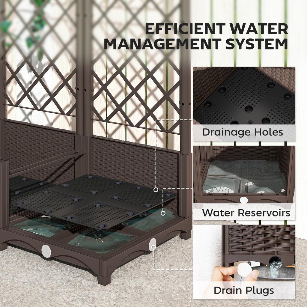 Raised Garden Bed with Trellis, Plastic Planter Box with Drainage Holes, Drain Plugs and Water Reservoirs for Climbing Plants, Vegetables, Flowers