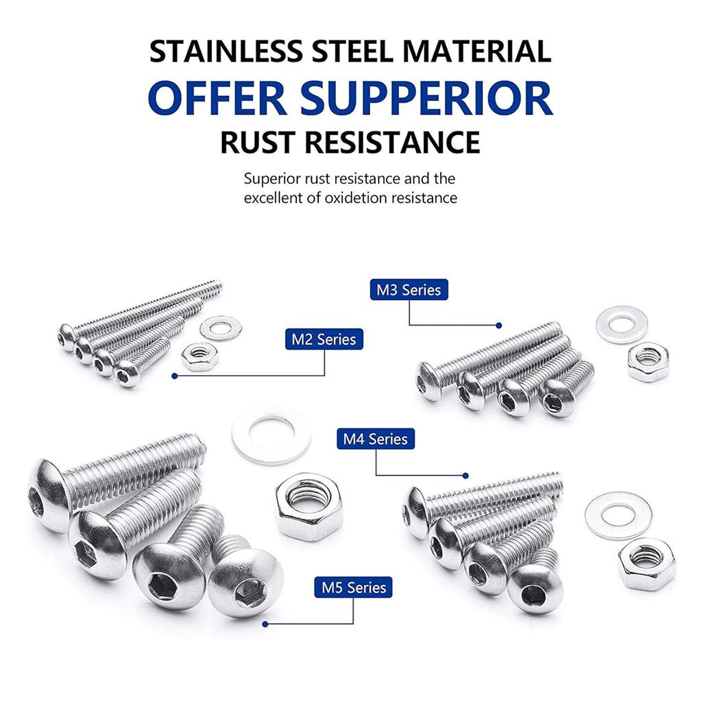 NINDEJIN Metric Button Head Socket Cap Screw Bolts & Flat Washers & Nuts Assortment Kit M2 M3 M4 M5 Stainless Steel Machine Screws Set and Wrench,