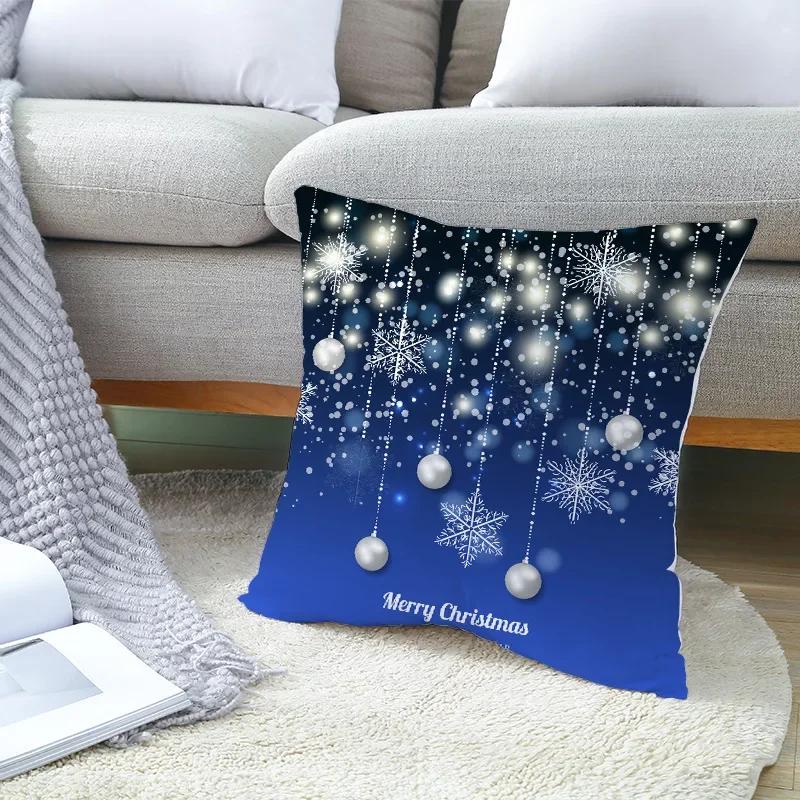 2022 Happy New Year Home Party Decor Cushion Cover Christmas Blue Snowflake Cartoon Printed Pillow Cover Xmas Pillowcase 45x45cm