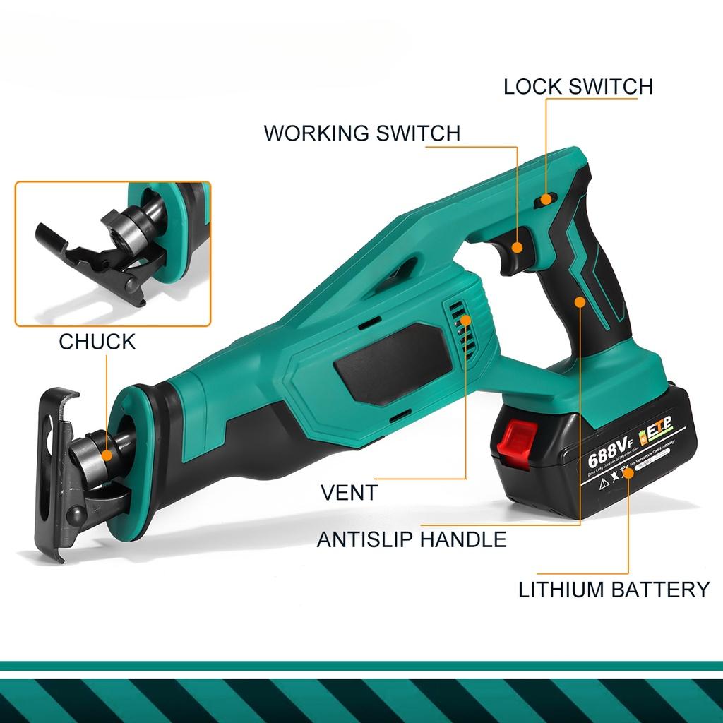 Green Cordless Reciprocating Sawmachine Portable Replacement Electric Saw Metal Wood Cutting Machine Power Tool for 18V Battery 688VF