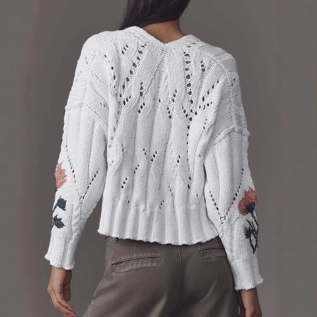 Pulover Nou Gât în V Flori Brodate Stil Leneș Pulover Scurt cu Mâneci Lungi Top