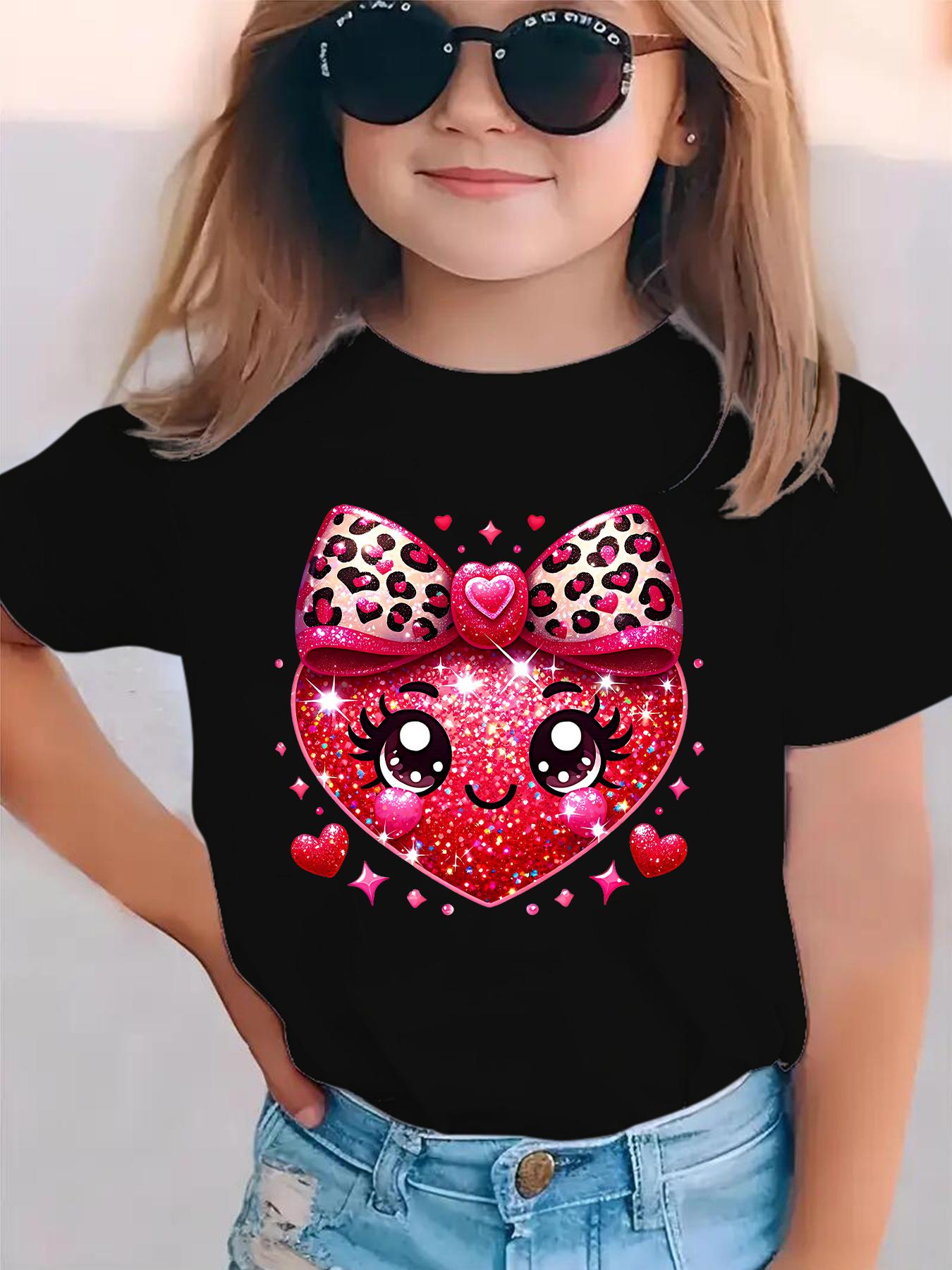 

European sizes Girls Pink Leopard Print with Bow and Heart Casual Short Sleeve T-Shirt for Summer Crew Neck Slight Stretch Fabric 164cm чорний