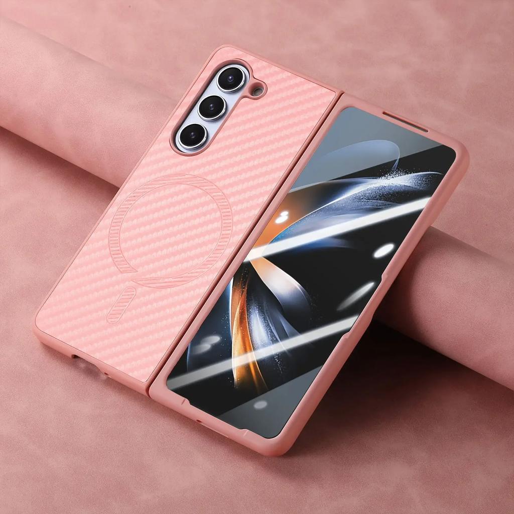 Magnetic Carbon Fiber Pattern Leather Case for Samsung Galaxy Z Fold 6 Fold5 4 Electroplated Frame Shell Film Integrated Cover