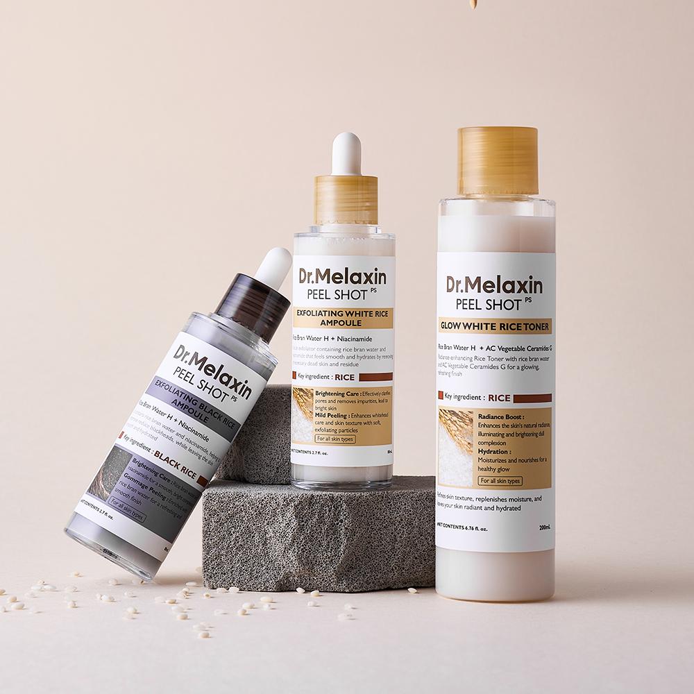 Dr.Melaxin Peel Shot Gommage Ampoule & Toner Set Rice Exfoliating Brightening Skincare Kit 80ml x2 + 200ml