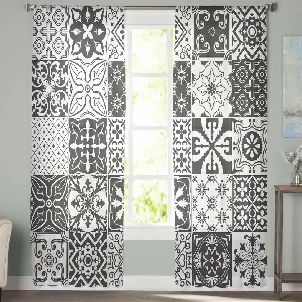 Flower Black Square Art Tulle Curtains for Bedroom Hall Living Room Decor Chiffon Curtain for Balcony Kitchen Home Drapes