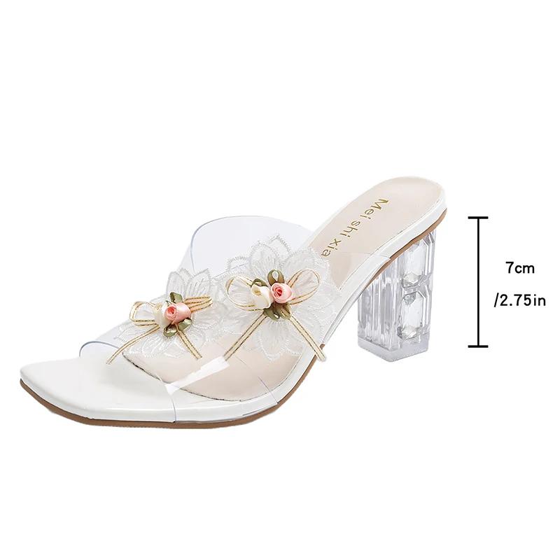 

Flower Decor High Heels Slippers Women Summer Square Toe Crystal Heeled Sandals Woman Transparent Pvc Party Dress Shoes 41 бежевый
