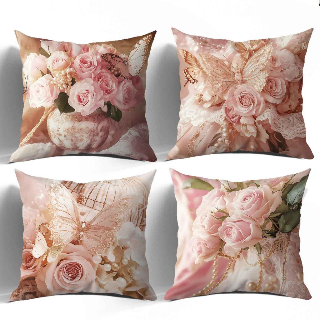 4 Pièces Housse de Coussin Rose Rose Papillon Vintage Dentelle Florale Imprimé Perle Housse de Oreiller Polyester Décoration de Maison Canapé Salon