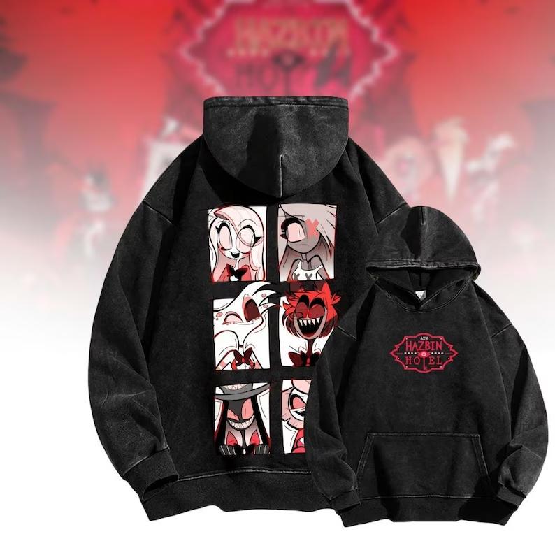 Hazbin Hotel Angel Dust Husk Anime Hoodies Men's Women's Clothing Harajuku Washed Streetwear Oversized Long Sleeve Cotton Hoodie