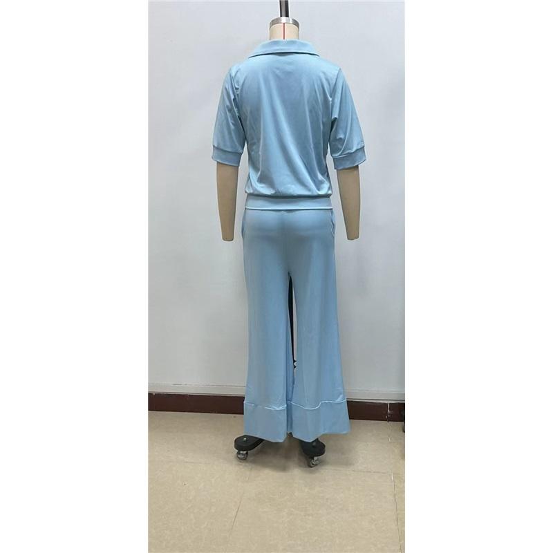 Women's 2Pcs Solid Color Casual Tracksuit Polo Neck Half Sleeve Top + Flare Pants Set