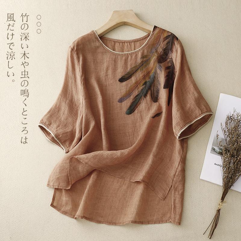 

Реальне фото літня нова бавовняна та лляна літературна вільна футболка з круглим вирізом і принтом жіноча 2XL помаранчевий