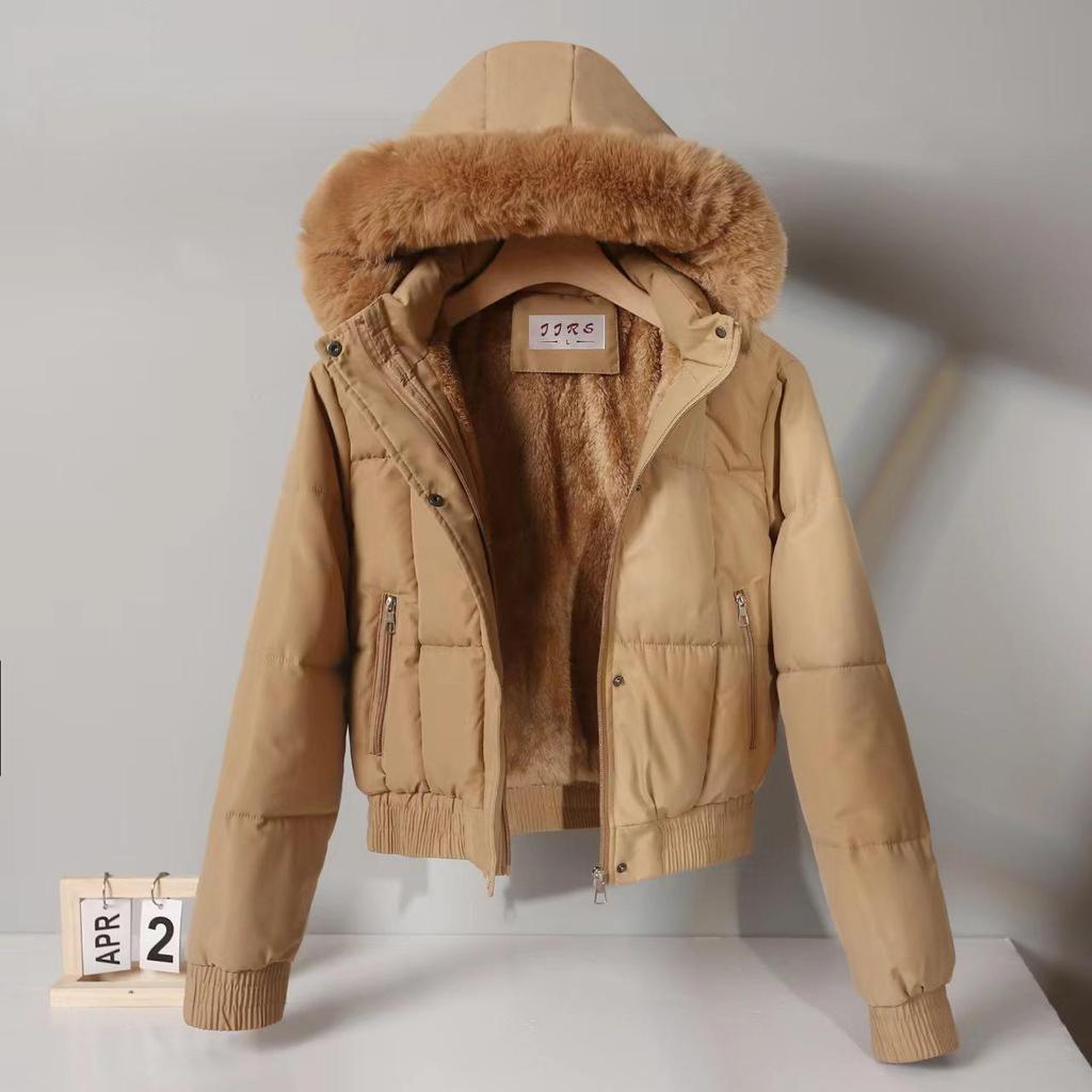 Women's Short Winter Cotton Parka with Fur Collar - Thickened Korean Style Velvet Jacket