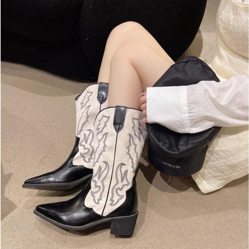 Fashion Embroidery Women Western Cowboy Boots 2025 Fashion Slip On Thick Heel Knight Long Booties Retro Style Autumn Winter Female Shoes