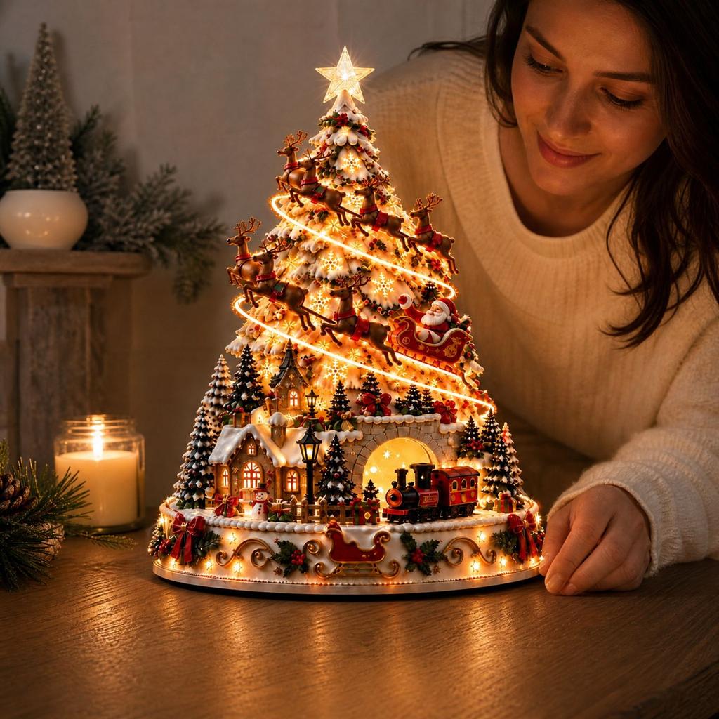 Christmas Village Scene Tree Figurine for Holiday Tabletop Display and Home Decoration