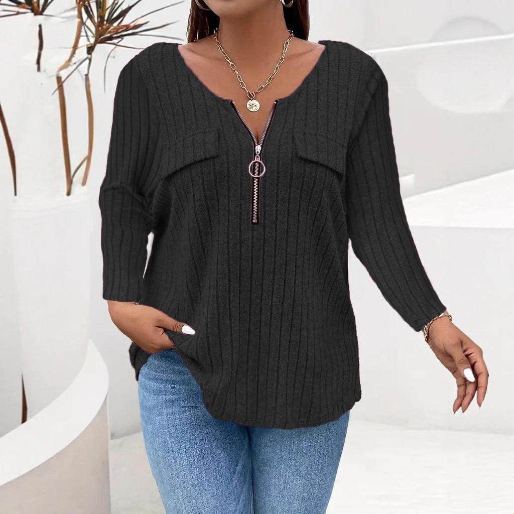 2025 Autumn/Winter European & American Plus Size Zipper Ribbed Long-Sleeve Women's Top