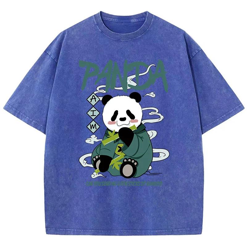 Dámská nadměrná praná trička Kawaii kreslené pandy potištěná trička Zničený kulatý výstřih Bavlněná trička Letní oblečení